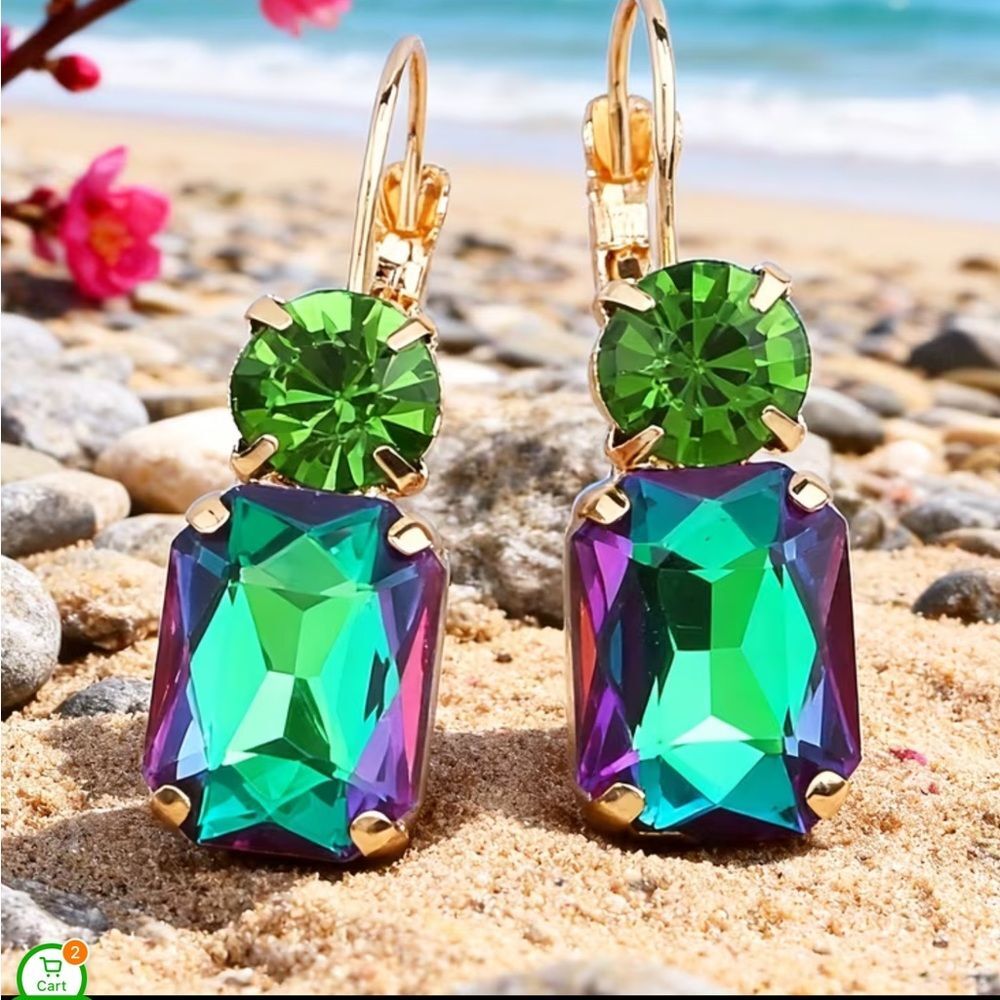 Gold-Tone Green & Aurora Crystal Drop Earrings